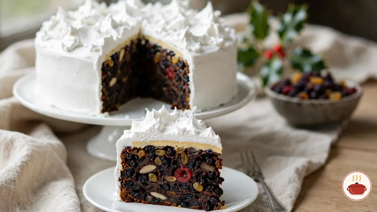 A traditional British Christmas cake on a white porcelain cake stand, covered in white royal icing swirled into snowy peaks, with a slice cut from the front and set on a small white plate to show the very dark, fruit-packed crumb with currants, raisins, golden sultanas, a red glacé cherry and almond slivers under a thin layer of marzipan, beside a fork, with holly and a bowl of dried fruit behind