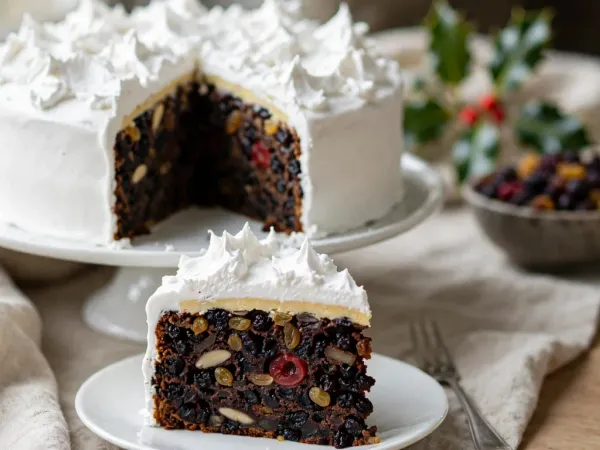 A traditional British Christmas cake on a white porcelain cake stand, covered in white royal icing swirled into snowy peaks, with a slice cut from the front and set on a small white plate to show the very dark, fruit-packed crumb with currants, raisins, golden sultanas, a red glacé cherry and almond slivers under a thin layer of marzipan, beside a fork, with holly and a bowl of dried fruit behind
