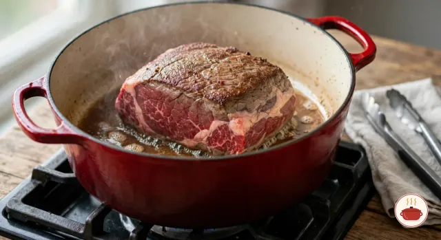 Boneless chuck roast searing in a red enameled cast-iron Dutch oven on a gas burner, its top already deep brown
