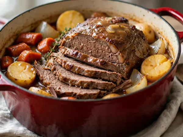 Classic pot roast in a red enameled cast-iron Dutch oven, partly sliced, with carrots, halved potatoes, onion wedges and gravy