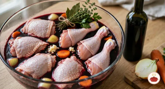 Raw bone-in chicken thighs and drumsticks marinating in dark red wine in a large clear glass bowl, with carrot rounds, onion chunks, garlic and a bouquet garni of thyme, bay and parsley tied with string, beside an unlabeled wine bottle and a board with half an onion and a carrot
