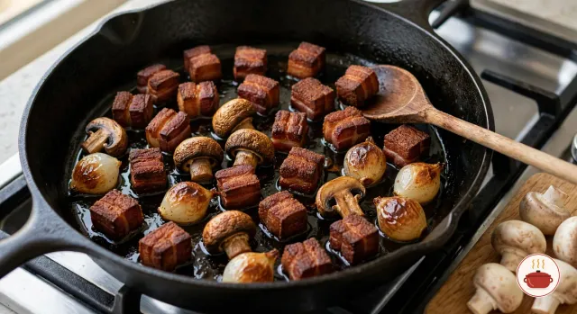 Browned lardons, whole button mushrooms and glazed pearl onions in a single layer in a black cast-iron skillet on a gas burner, a wooden spoon resting in the pan and raw mushrooms on an oak board beside the stove