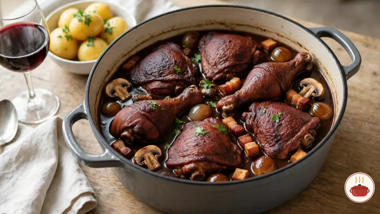 Coq au vin in a round dove-gray enameled cast-iron pot on a worn oak table: bone-in chicken thighs and drumsticks stained deep mahogany by the wine, half sunk in a glossy dark sauce with button mushrooms, glazed pearl onions, golden lardons and chopped parsley, with a bowl of boiled potatoes, a glass of red wine, a linen napkin and a spoon beside it