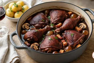 Coq au vin in a round dove-gray enameled cast-iron pot on a worn oak table: bone-in chicken thighs and drumsticks stained deep mahogany by the wine, half sunk in a glossy dark sauce with button mushrooms, glazed pearl onions, golden lardons and chopped parsley, with a bowl of boiled potatoes, a glass of red wine, a linen napkin and a spoon beside it