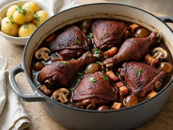 Coq au vin in a round dove-gray enameled cast-iron pot on a worn oak table: bone-in chicken thighs and drumsticks stained deep mahogany by the wine, half sunk in a glossy dark sauce with button mushrooms, glazed pearl onions, golden lardons and chopped parsley, with a bowl of boiled potatoes, a glass of red wine, a linen napkin and a spoon beside it
