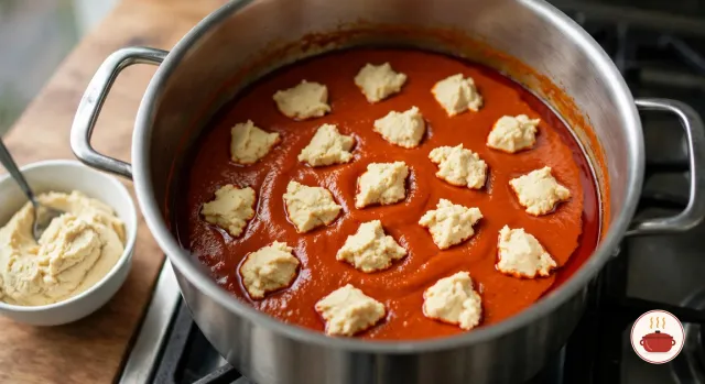 Pale cream lumps of egusi paste dotted over a simmering orange-red pepper and palm oil base in a wide stainless-steel pot on a gas burner, with a bowl of the remaining egusi paste and a teaspoon beside it