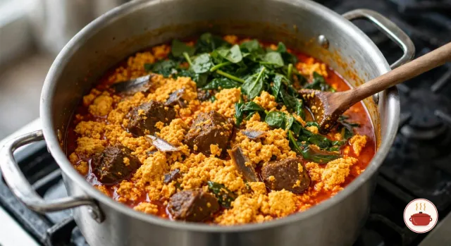 Egusi soup in a wide stainless-steel pot with lumps of orange egusi, chunks of beef and fresh chopped spinach being folded in with a wooden spoon, a thin layer of red palm oil at the edges