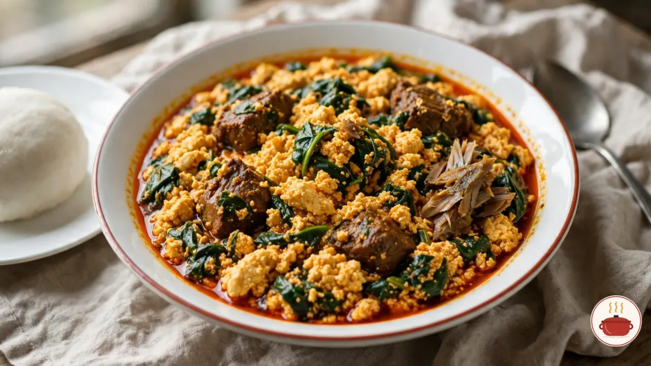 A white bowl of Nigerian egusi soup: soft yellow-orange lumps of cooked melon seed in red palm oil sauce with chopped spinach, chunks of braised beef and flakes of dried fish, a smooth ball of pounded yam on a plate beside it and a spoon on the linen