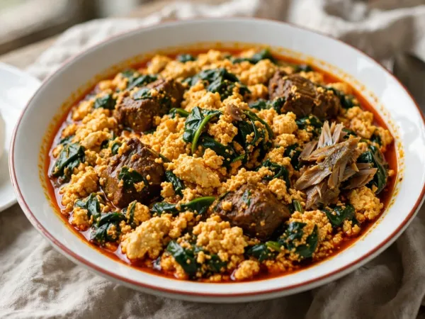 A white bowl of Nigerian egusi soup: soft yellow-orange lumps of cooked melon seed in red palm oil sauce with chopped spinach, chunks of braised beef and flakes of dried fish, a smooth ball of pounded yam on a plate beside it and a spoon on the linen