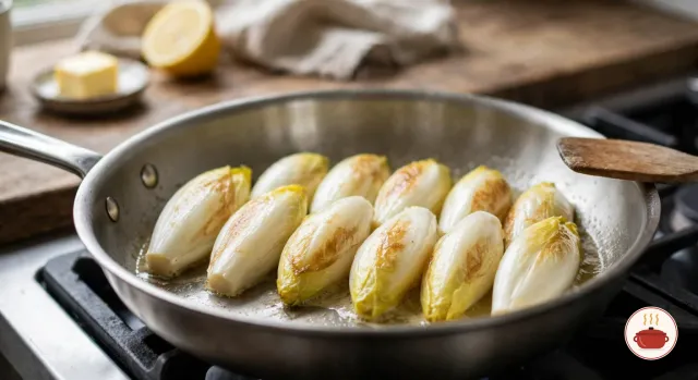 Whole Belgian endives braising side by side in a wide stainless-steel pan on a gas burner, softened and lightly golden-brown in patches from the butter, a thin film of glossy juice in the bottom of the pan