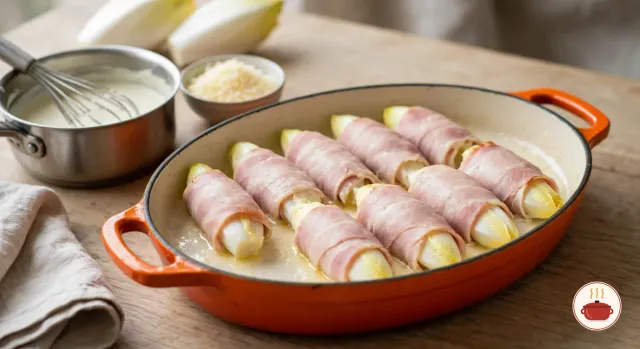 Belgian endives, each wrapped in a slice of pale pink cooked ham, lying side by side in two rows in the same flame-orange oval gratin dish on a thin film of sauce, not yet covered, with a saucepan of white béchamel and a bowl of grated Gruyère beside it