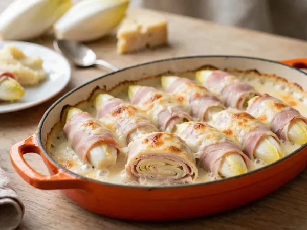 Endives au jambon in an oval flame-orange enameled cast-iron gratin dish: whole cooked Belgian endives, each rolled in a slice of pale pink ham, side by side under a creamy béchamel with patches of browned Gruyère, one cut open to show the soft layered endive inside, beside a plate with a roll and mashed potatoes, two raw endives and a wedge of cheese behind