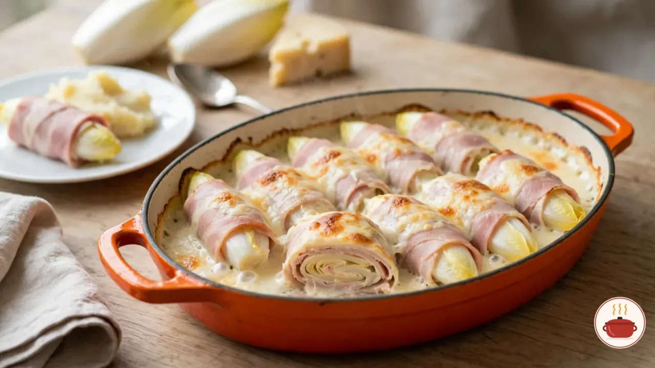 Endives au jambon in an oval flame-orange enameled cast-iron gratin dish: whole cooked Belgian endives, each rolled in a slice of pale pink ham, side by side under a creamy béchamel with patches of browned Gruyère, one cut open to show the soft layered endive inside, beside a plate with a roll and mashed potatoes, two raw endives and a wedge of cheese behind