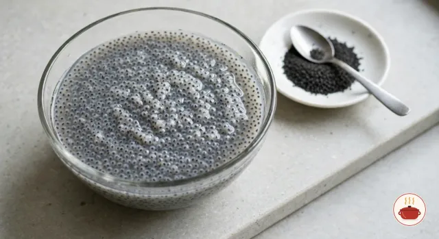 A clear glass bowl full of soaked basil seeds, each tiny black seed inside a swollen grey-white coat of gel, beside a small white dish of dry black basil seeds and a teaspoon