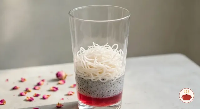 A tall glass half filled with layers of falooda before the milk goes in: deep pink rose syrup at the bottom, a band of soaked basil seeds in grey-white gel and a tangle of thin white noodles, with dried rose petals on the table