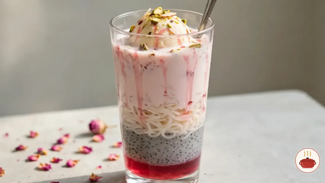 A tall glass of falooda on a pale stone table, showing its layers: deep pink rose syrup at the bottom, a band of soaked basil seeds in grey-white gel, a tangle of thin white noodles and pale pink milk streaked with syrup, topped with a scoop of vanilla ice cream, chopped pistachios and slivered almonds, with a long spoon and dried rose petals beside it