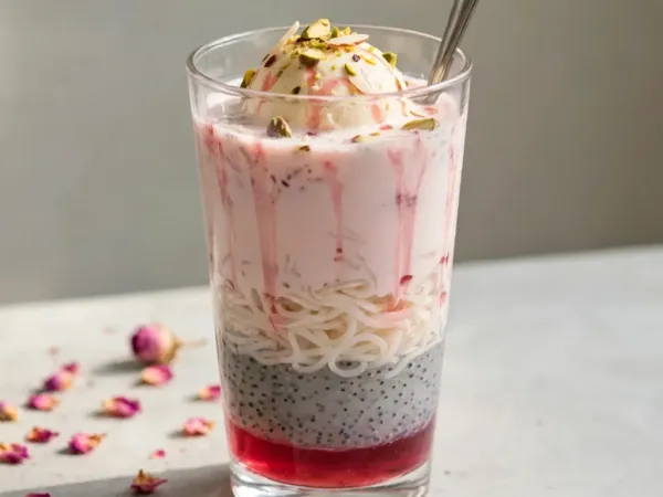 A tall glass of falooda on a pale stone table, showing its layers: deep pink rose syrup at the bottom, a band of soaked basil seeds in grey-white gel, a tangle of thin white noodles and pale pink milk streaked with syrup, topped with a scoop of vanilla ice cream, chopped pistachios and slivered almonds, with a long spoon and dried rose petals beside it