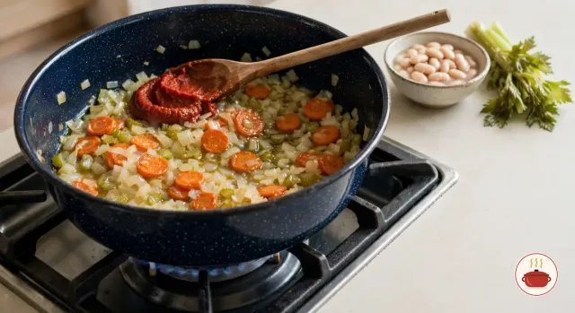Chopped onion, thin carrot rounds and diced celery softened in olive oil in a wide dark navy speckled enamel pot on a gas burner, with a dollop of tomato paste on a wooden spoon and a bowl of soaked white beans and celery leaves beside the stove