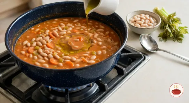 Fasolada in a wide dark navy speckled enamel pot on a gas burner: whole white beans, carrot rounds and celery in a thick orange-red broth, with olive oil poured in a thin stream from a small white jug and a serving spoon on the counter beside it