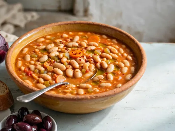 A deep ochre-glazed earthenware bowl of Greek fasolada on a pale blue wooden table: plump white beans in a thick orange-red broth with carrot rounds, celery, a sheen of olive oil and chili flakes, a spoon in the bowl, with country bread, feta with oregano, Kalamata olives and a quartered red onion beside it