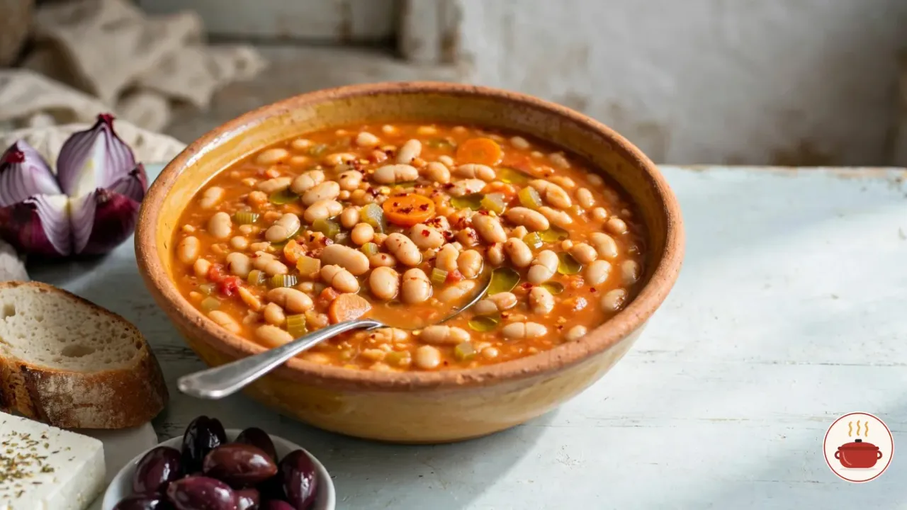 A deep ochre-glazed earthenware bowl of Greek fasolada on a pale blue wooden table: plump white beans in a thick orange-red broth with carrot rounds, celery, a sheen of olive oil and chili flakes, a spoon in the bowl, with country bread, feta with oregano, Kalamata olives and a quartered red onion beside it