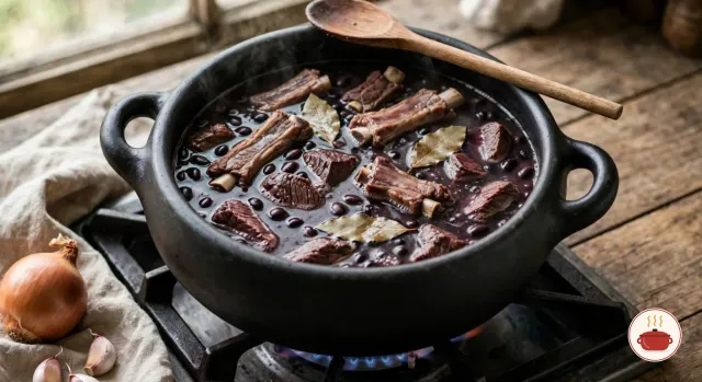 Black beans, pork ribs and chunks of salted beef simmering in a thin, dark purple-black liquid in the black clay pot on a gas burner, bay leaves floating on top, a wooden spoon across the rim, an onion and garlic beside the stove