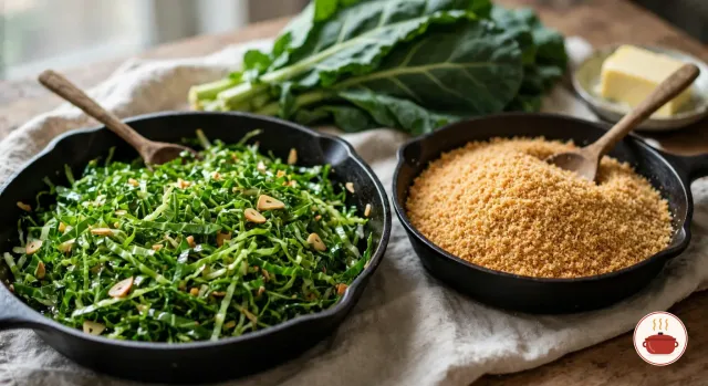 A black skillet of very thin, bright green ribbons of collard greens glossy with oil and slivers of golden garlic, beside a second skillet of sandy, golden toasted manioc flour, a wooden spoon in each, with raw collard leaves and butter behind