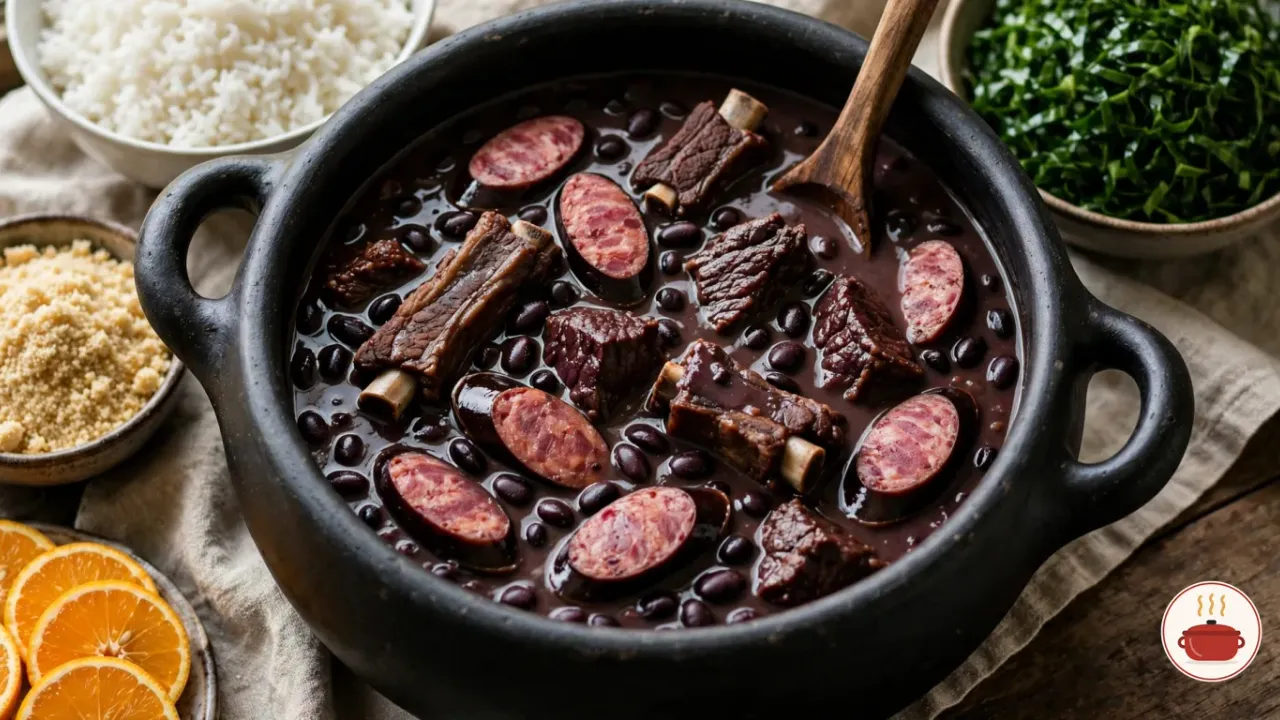 Feijoada in a black clay pot with two looped handles: a thick, glossy, near-black stew of whole black beans with coins of smoked sausage, pork ribs and chunks of beef, surrounded by bowls of white rice, shredded green collards, golden farofa and orange slices