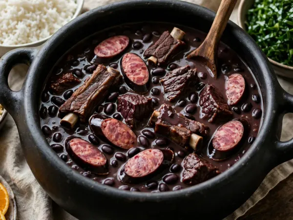 Feijoada in a black clay pot with two looped handles: a thick, glossy, near-black stew of whole black beans with coins of smoked sausage, pork ribs and chunks of beef, surrounded by bowls of white rice, shredded green collards, golden farofa and orange slices