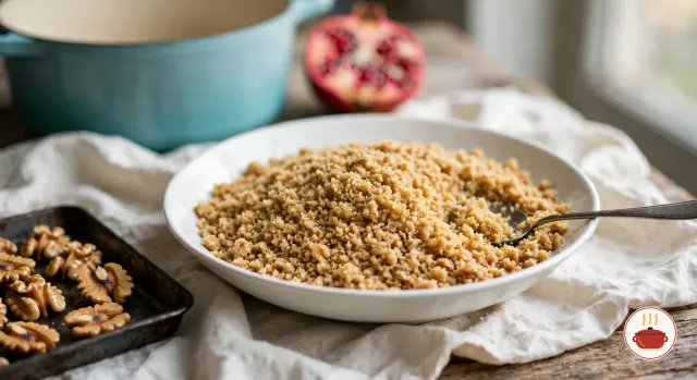 A wide white bowl of finely ground toasted walnuts, golden brown and crumbly, with a spoon in it, beside a dark sheet pan of toasted walnut halves, a light turquoise Dutch oven and half a pomegranate behind