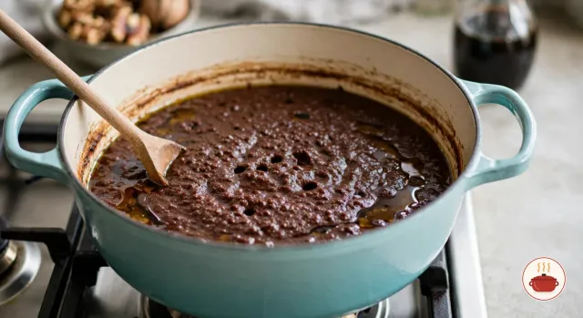 A thick, dark chocolate-brown walnut and pomegranate sauce simmering in a light turquoise enameled Dutch oven on a gas burner, with amber walnut oil pooled at its edges and a wooden spoon resting in the pot