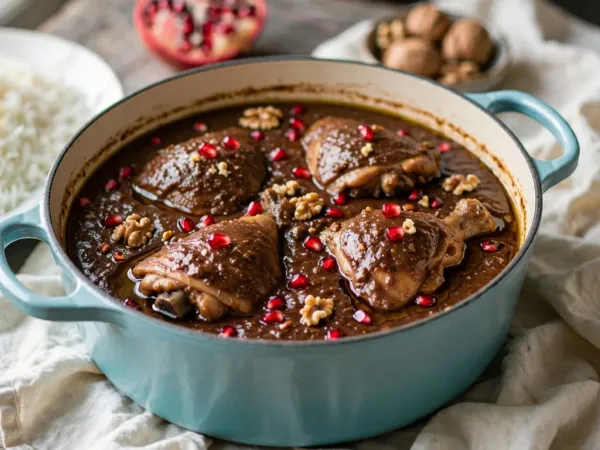 Fesenjan in a light turquoise enameled Dutch oven: bone-in chicken thighs in a thick, glossy, dark brown sauce of ground walnuts and pomegranate molasses, scattered with pomegranate seeds and walnut pieces, beside a platter of basmati rice topped with saffron rice, with half a pomegranate and a bowl of whole walnuts behind