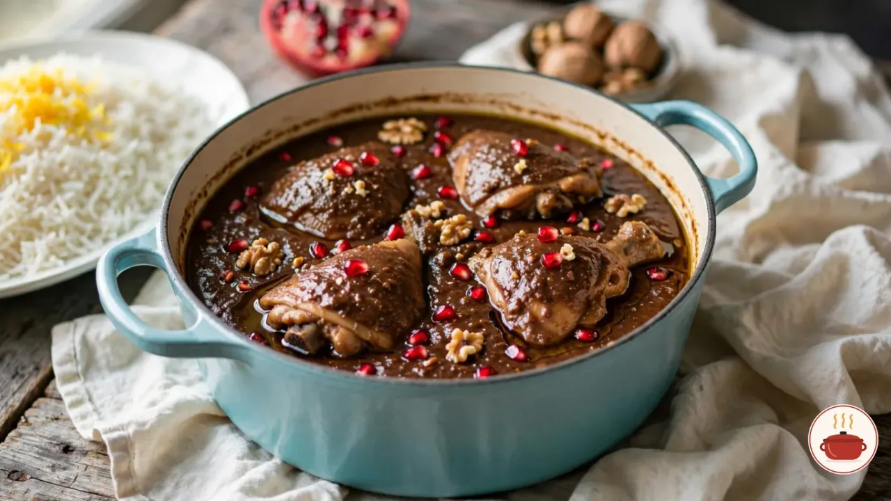 Fesenjan in a light turquoise enameled Dutch oven: bone-in chicken thighs in a thick, glossy, dark brown sauce of ground walnuts and pomegranate molasses, scattered with pomegranate seeds and walnut pieces, beside a platter of basmati rice topped with saffron rice, with half a pomegranate and a bowl of whole walnuts behind