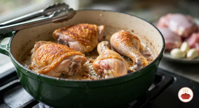 Chicken thighs and drumsticks browning in a green enameled Dutch oven on a gas burner, turned skin-side up to show crisp, deep golden skin, with steel tongs resting on the rim and a plate of raw chicken and garlic cloves beside the stove