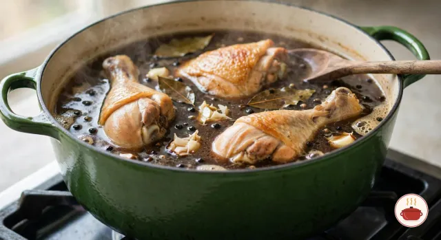 Chicken thighs and drumsticks half-submerged in a thin, dark soy and vinegar braising liquid in a green enameled Dutch oven on a gas burner, with garlic, bay leaves and black peppercorns floating around them and a wooden spoon resting on the rim