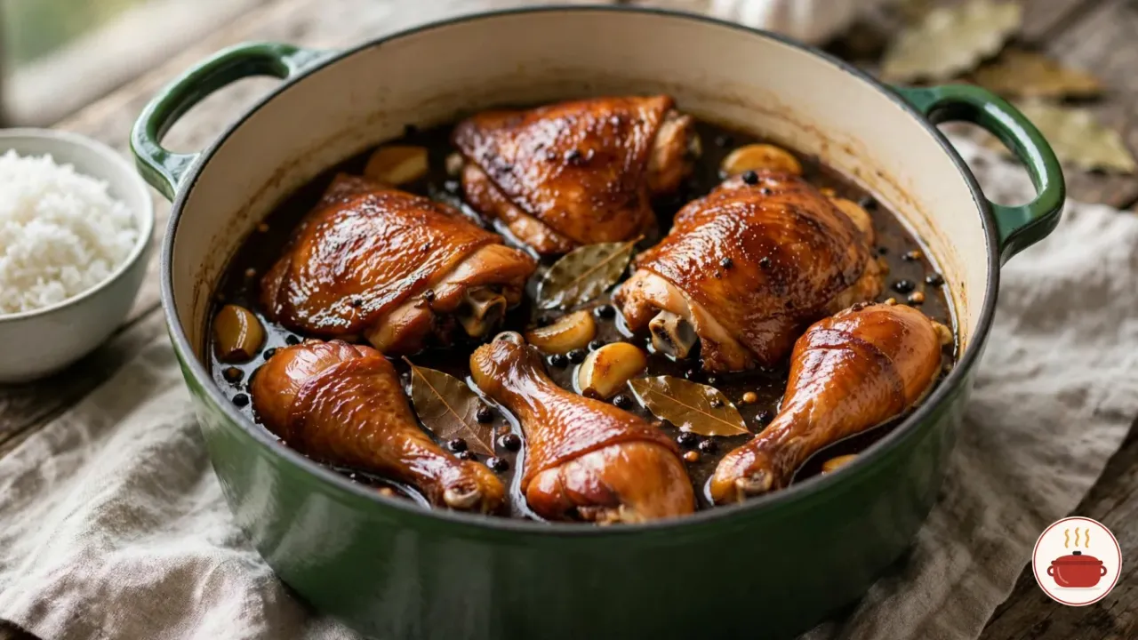 Filipino chicken adobo in a green enameled Dutch oven: chicken thighs and drumsticks glazed deep brown in a dark soy and vinegar sauce with whole garlic cloves, bay leaves and black peppercorns, a bowl of steamed white rice beside the pot