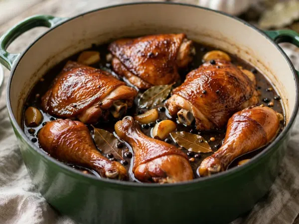 Filipino chicken adobo in a green enameled Dutch oven: chicken thighs and drumsticks glazed deep brown in a dark soy and vinegar sauce with whole garlic cloves, bay leaves and black peppercorns, a bowl of steamed white rice beside the pot