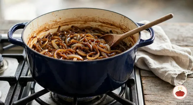 Deep brown caramelized onions in a navy blue enameled cast-iron Dutch oven on a gas burner, a wooden spoon resting in them