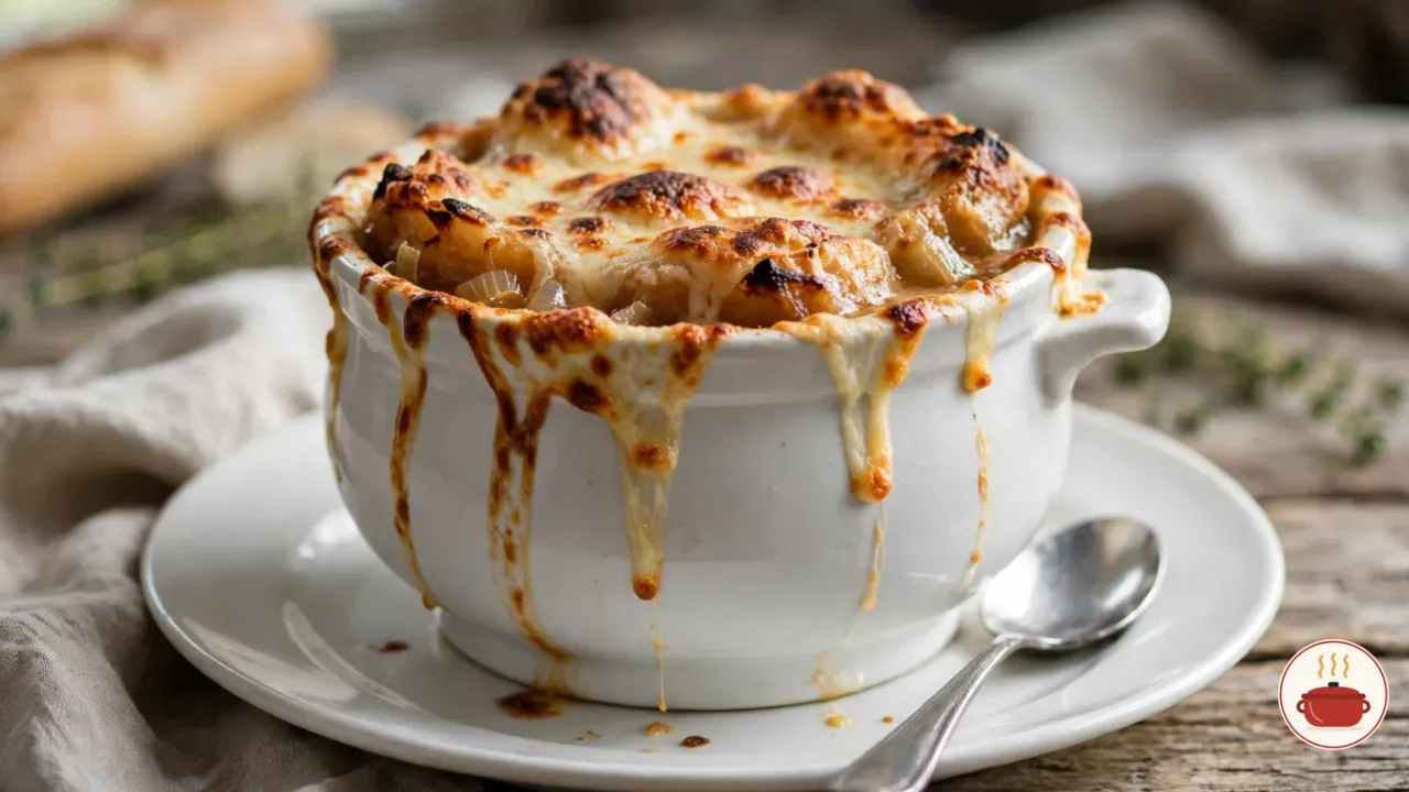 French onion soup in a white ovenproof crock on a plate, under a bubbling, browned Gruyère crust that spills over the rim