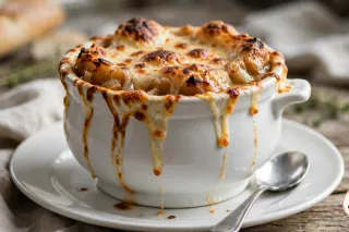 French onion soup in a white ovenproof crock on a plate, under a bubbling, browned Gruyère crust that spills over the rim