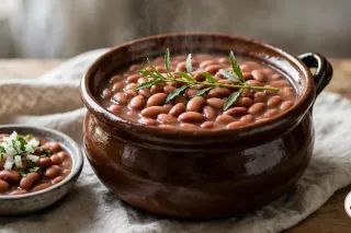 Frijoles de la olla in a glazed clay pot, pinto beans in their broth with a sprig of epazote, a small bowl of beans topped with chopped onion and cilantro beside it
