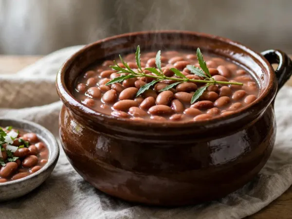 Frijoles de la olla in a glazed clay pot, pinto beans in their broth with a sprig of epazote, a small bowl of beans topped with chopped onion and cilantro beside it