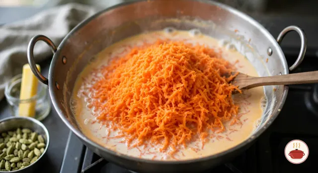 A big heap of freshly grated orange carrots in simmering milk in a wide stainless-steel kadai with two loop handles on a gas stove, a wooden spatula resting in the pan and a bowl of green cardamom pods beside it