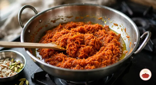 Thick, deep orange gajar ka halwa gathered in the middle of a wide stainless-steel kadai, ghee shining at its edges, a wooden spatula pushing through it, with a bowl of slivered almonds and pistachios and a few cardamom pods beside the stove