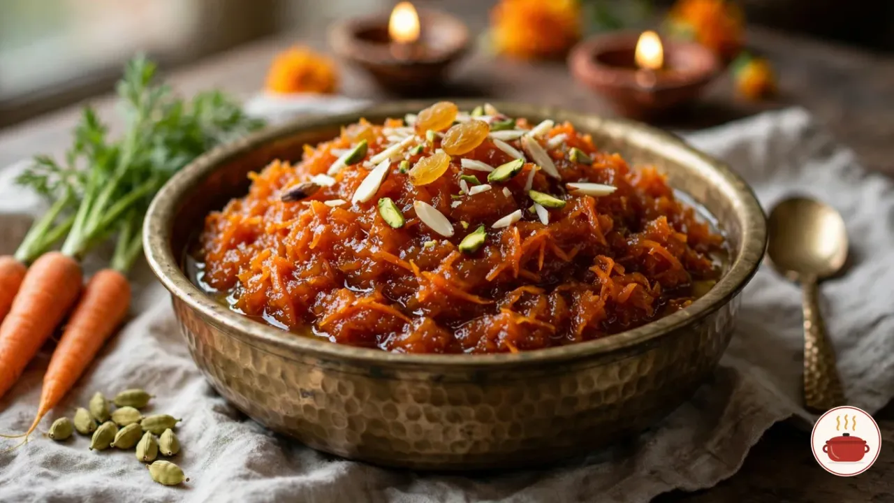 Gajar ka halwa heaped in a hammered brass bowl, deep reddish orange and glossy with ghee, topped with slivered almonds, chopped pistachios and golden raisins, beside fresh carrots, green cardamom pods and a brass spoon, with lit clay diyas and marigolds behind