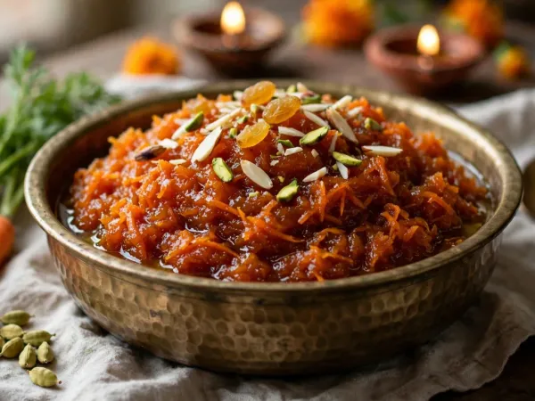 Gajar ka halwa heaped in a hammered brass bowl, deep reddish orange and glossy with ghee, topped with slivered almonds, chopped pistachios and golden raisins, beside fresh carrots, green cardamom pods and a brass spoon, with lit clay diyas and marigolds behind