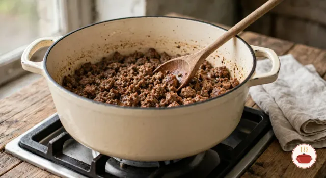 Ground beef and pork browning in crumbles in a cream enameled Dutch oven on a gas burner, a wooden spoon breaking up the meat