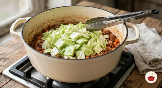 Freshly chopped green cabbage piled over browned ground meat, onion and diced carrots in a cream enameled Dutch oven on a gas stove, metal tongs resting on the rim