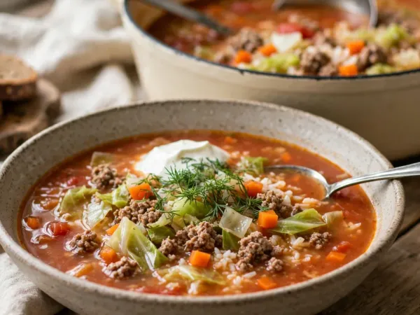 A bowl of golumpki soup with cabbage, ground meat, rice and carrots in a tomato broth, topped with sour cream and fresh dill, a cream enameled Dutch oven and sliced rye bread behind it