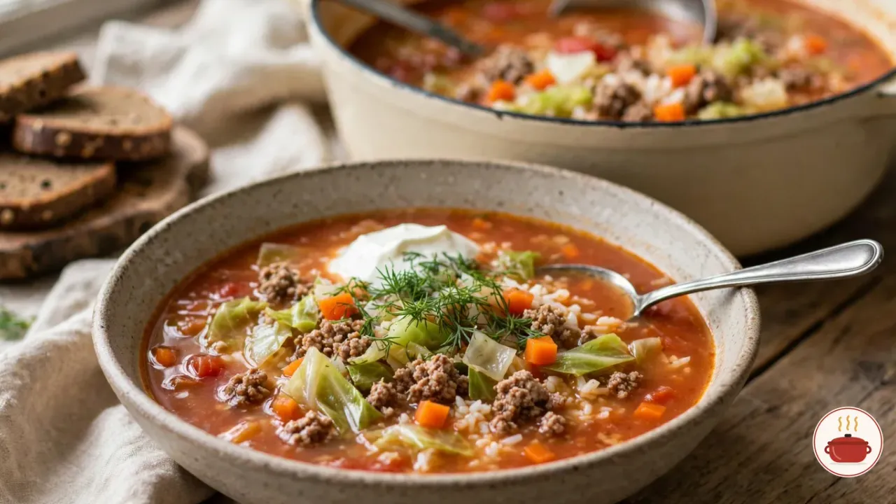 A bowl of golumpki soup with cabbage, ground meat, rice and carrots in a tomato broth, topped with sour cream and fresh dill, a cream enameled Dutch oven and sliced rye bread behind it